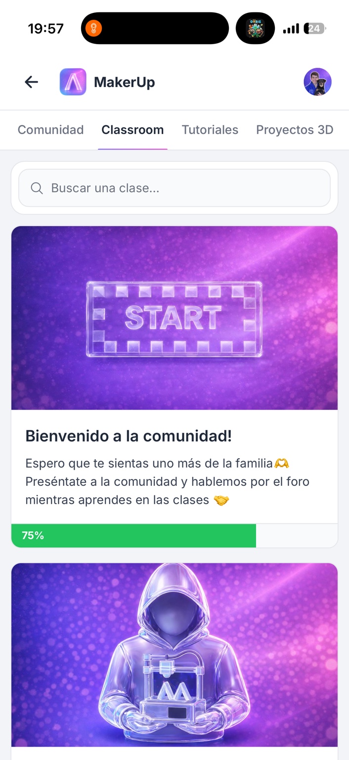 Clases de MakerUp con buscador, una lección de bienvenida y el progreso del curso.
