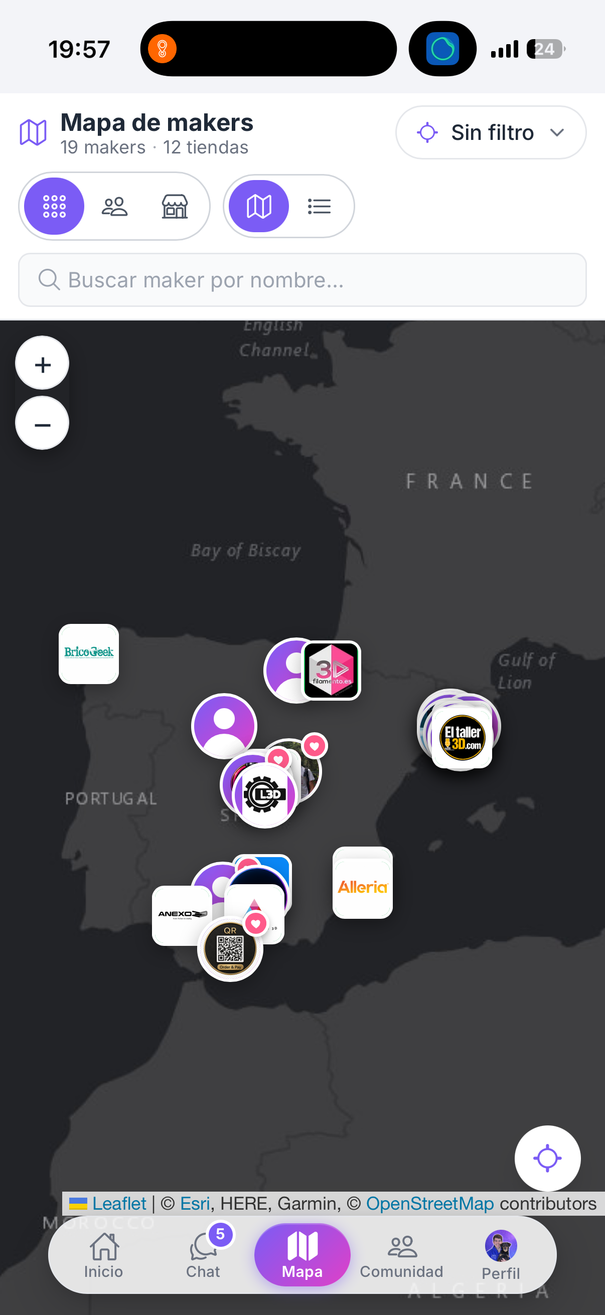 Mapa de makers y tiendas en la península ibérica, con búsqueda, filtros y marcadores.