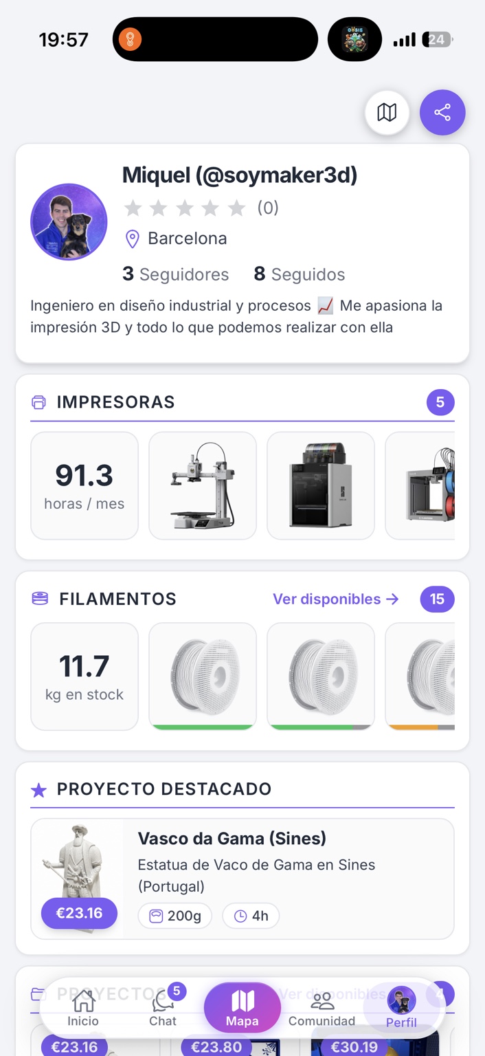 Perfil de @soymaker3d con impresoras, filamentos y un proyecto destacado.
